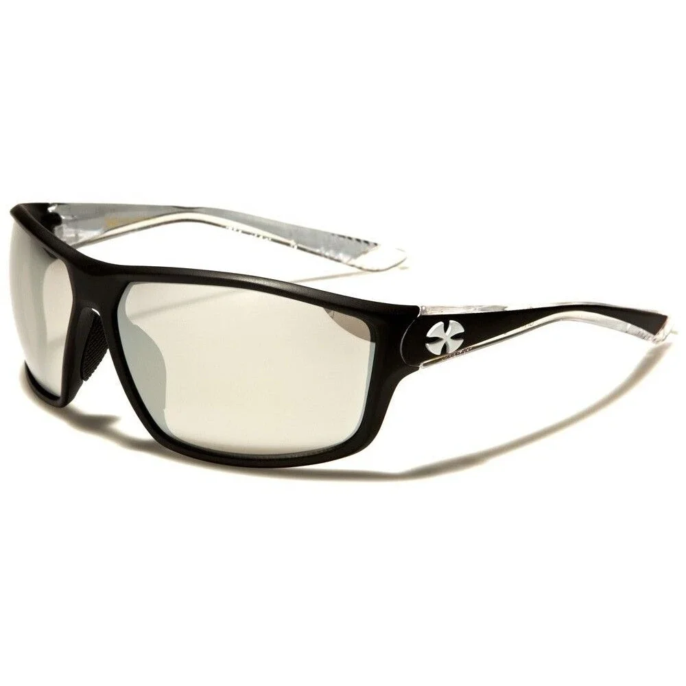 Riding Cycling Rectangle Black Frame Chrome Mirrored Lens Wrap Sport Sunglasses